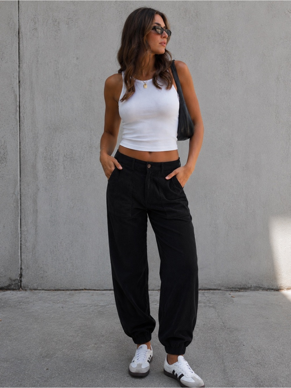 HALARA Black Ribbed Corduroy Casual Joggers